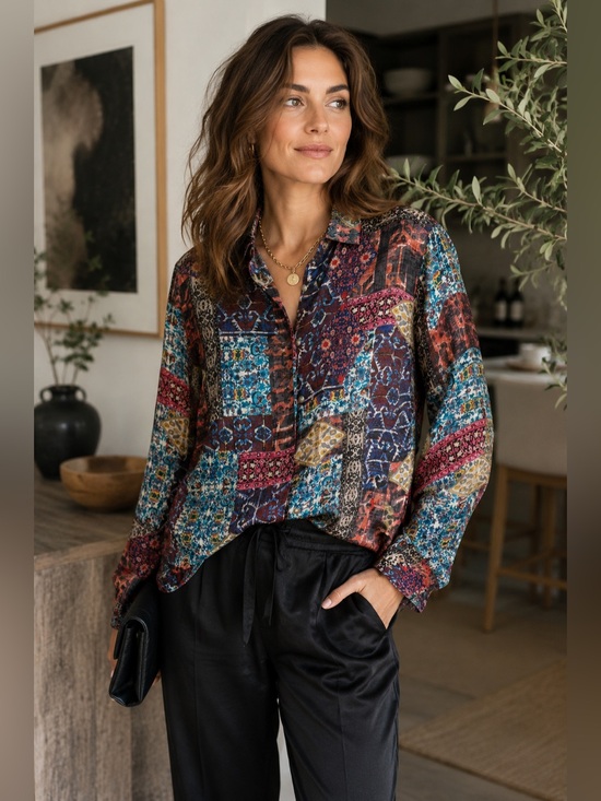 ASOS Tops - ASOS Silky Womens Medium Patchwork Tapestry Persian Print Button Down Shirt Boho